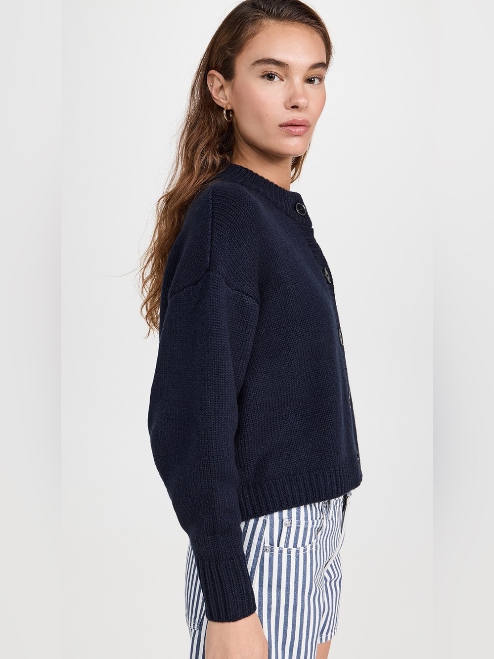 FRAME Chunky Femme Wool Cashmere Rib Knit Cardigan Navy S - Picture 3 of 12